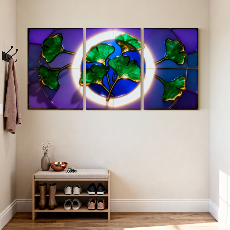Tableau sur toile à motif de feuilles de ginkgo en vitrail (paquet de 3), H 18 po x l 36 po
