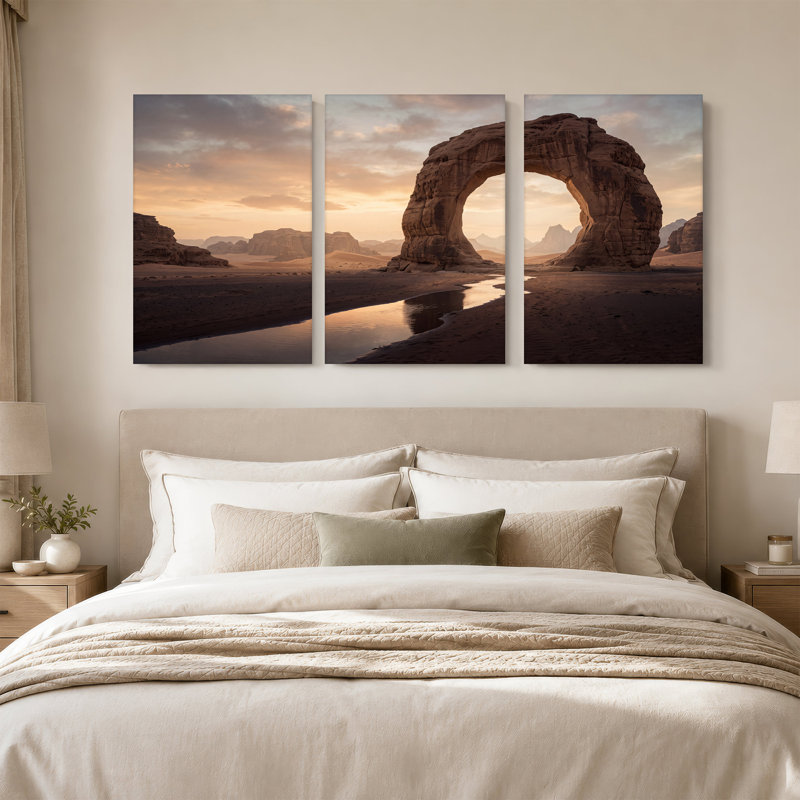 Arche en pierre naturelle surplombant un ruisseau désertique au coucher du soleil - Ensemble de 3 toiles murales