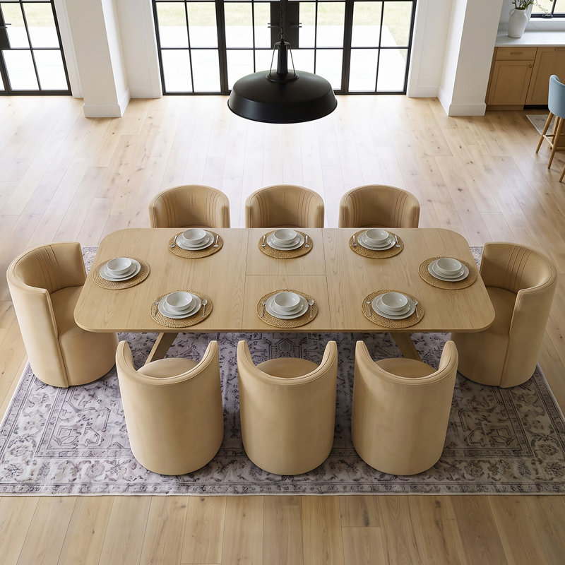 Ensemble de table de salle à manger extensible en placage de bois de 78 à 96 po avec 8 chaises en velours, Camel