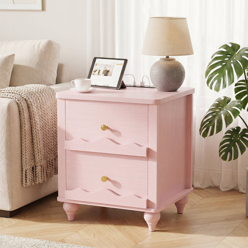 Table de chevet avec tiroirs en bois et station de charge, Rose