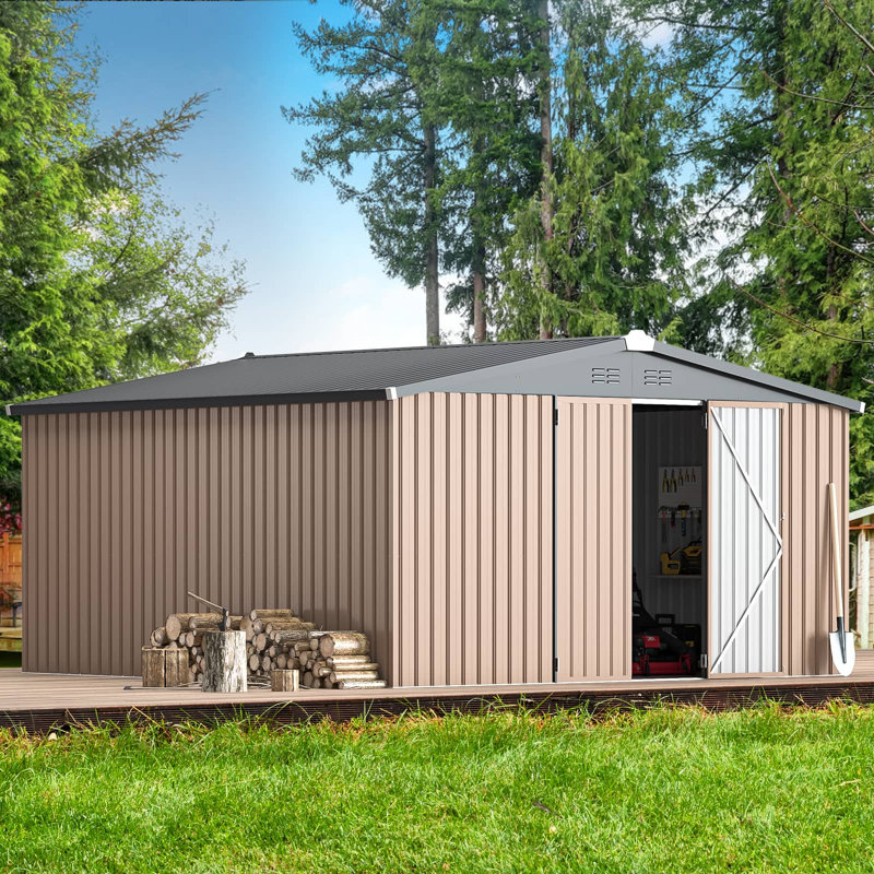 Remise de rangement en métal 12 pi x 12 pi avec conception de portes verrouillables, Gris