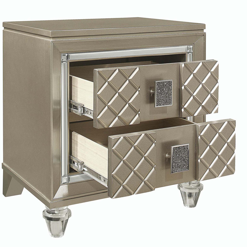 Glamour Champagne Finition 1pc Table de chevet 2 tiroirs Acrylique Table de chevet Mobilier de chambre à coucher de luxe Bordure de miroir biseauté
