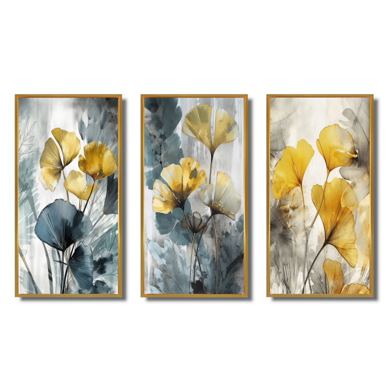 «Palm Tropical Ginkgo Artwork», 3 pièces, Cadre flottant doré, H 20 po x l 36 po