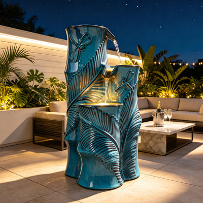 Fontaine de plancher de style bambou 25,5 "avec lumières DEL, fontaine d'extérieur en céramique résistante aux intempéries à 3 niveaux