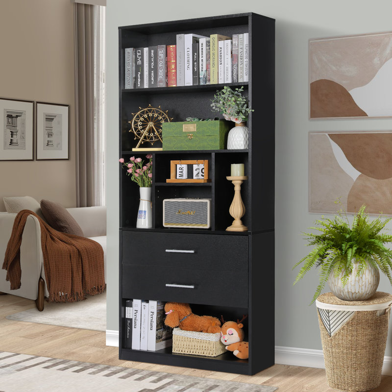Giesa 71"H Modern Bookcases Storage Bookshelf with 2 Drawers & 7 Open Shelves, Black