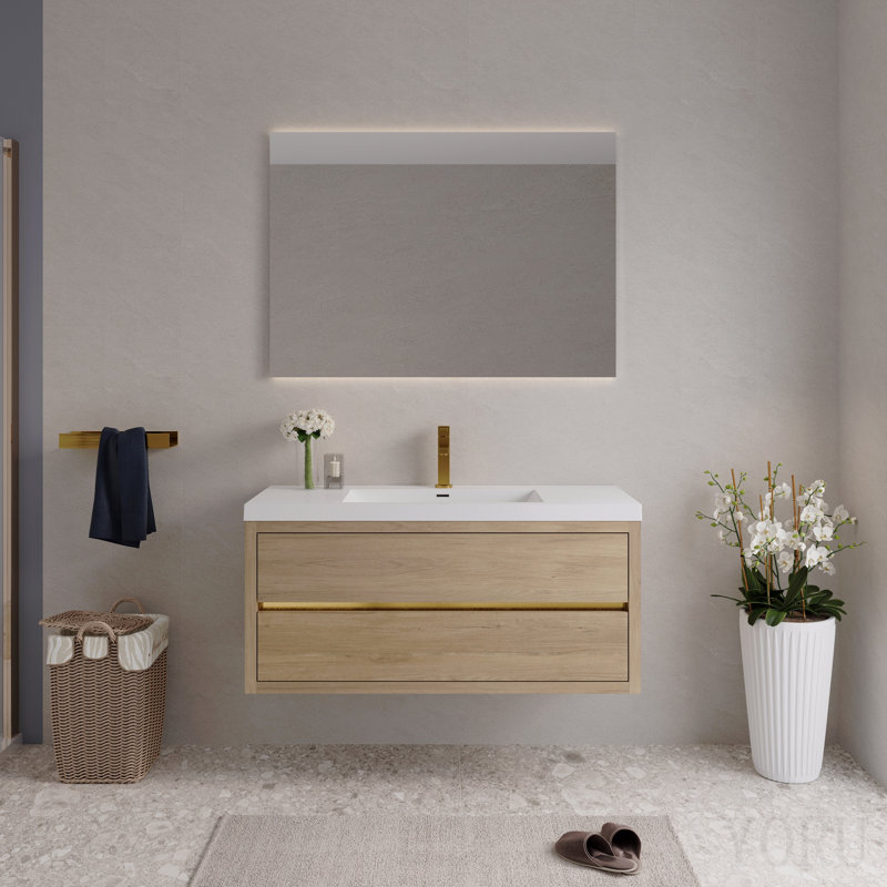 Meuble-lavabo mural 48 po avec lavabo, meuble de rangement flottant avec comptoir en résine de pierre et tiroirs à fermeture en douceur, chêne naturel entièrement assemblé