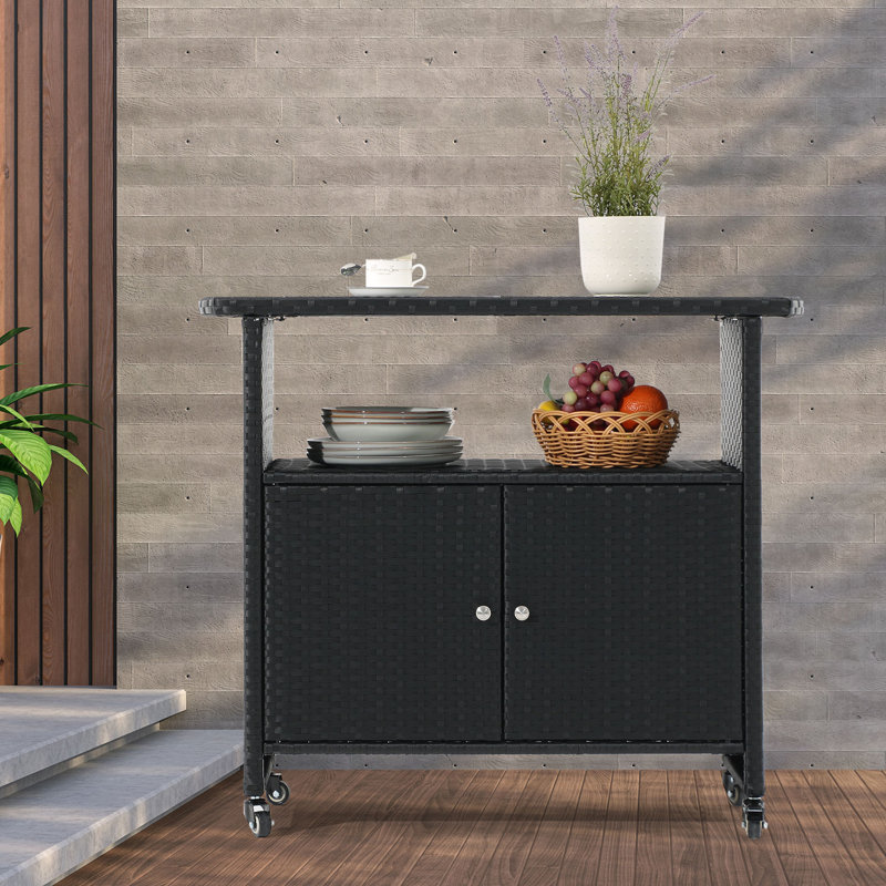 Bar Cart Portable Outdoor Table made of durable FE rattan with tempered glass table top
