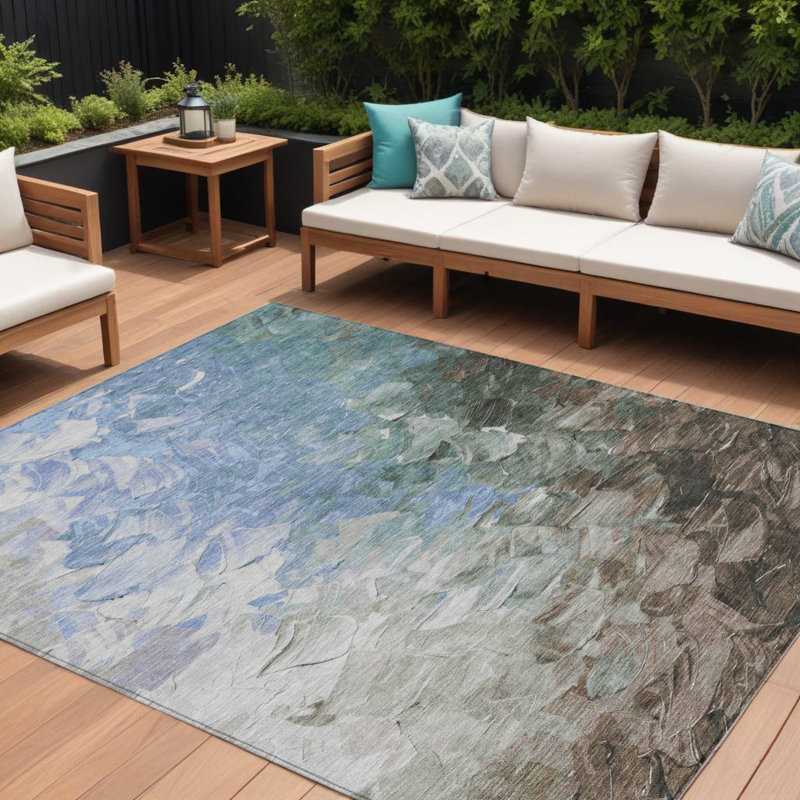 Tapis extérieur lavable abstrait taupe et ivoire bleu denim 10 pi x 14 pi