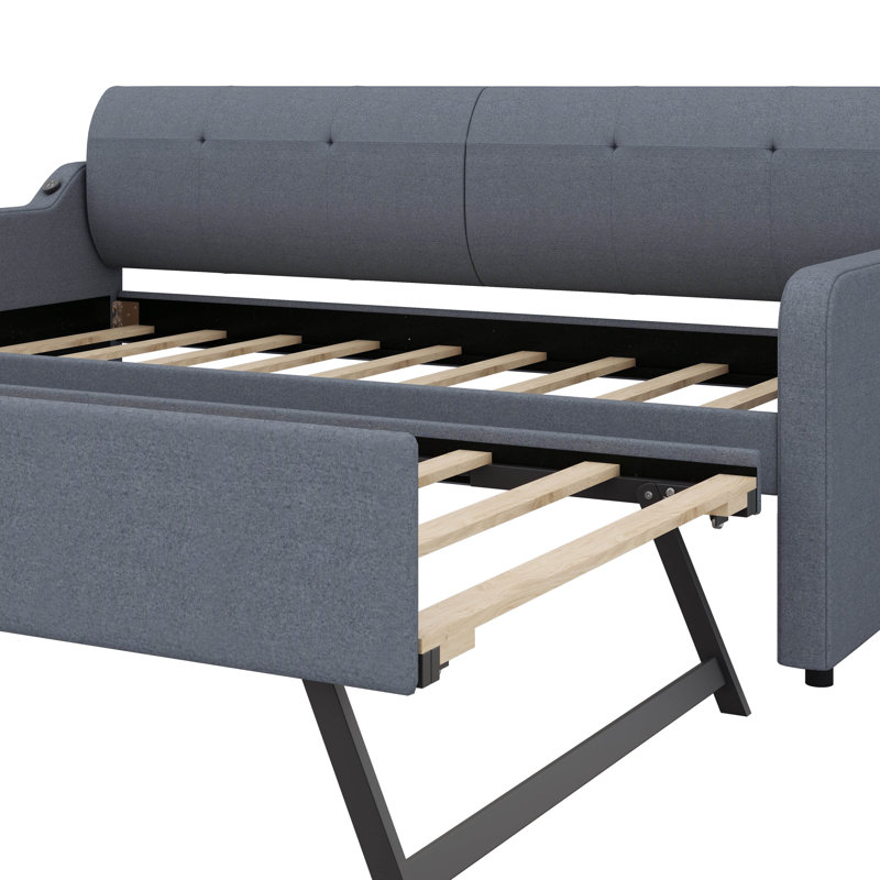 Twin Size Padded Daybed With Handy Trundle And USB Charging Ports, Gray