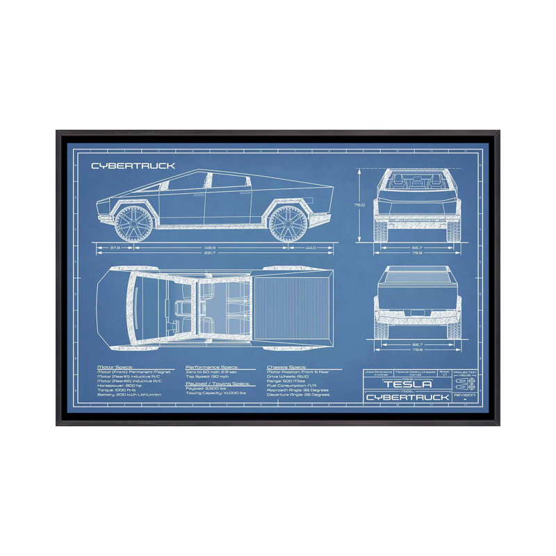 Blueprint de Tesla (2020-2022)-impression de dessin, Pas de tapis, H 18 po x l 26 po x P 1,5 po, Toile avec cadre noir patiné
