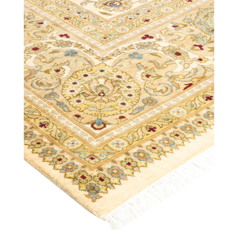 Tapis unique ivoire / jaune / rouge noué à la main Mogul 9 pi 2 po x 12 pi 5 po