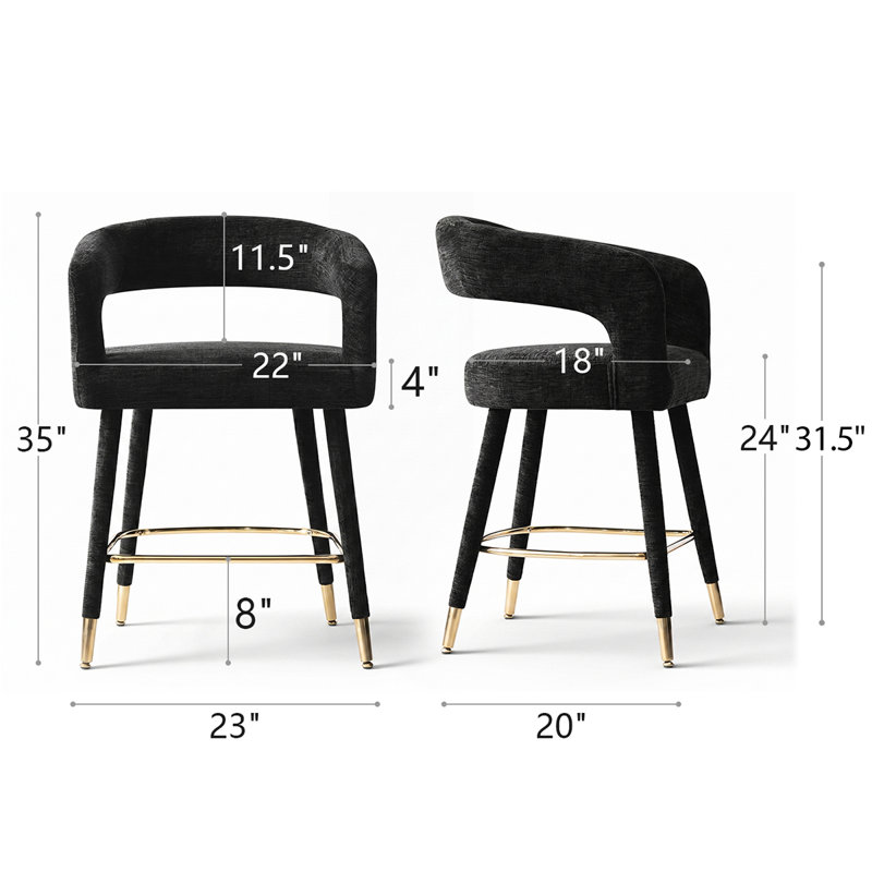 Ensemble de 3 tabourets de bar 24 po à hauteur de comptoir rembourrés avec repose-pieds doré, Noir
