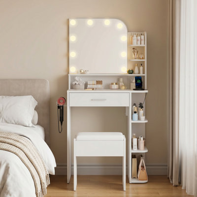 Ensemble de coiffeuse avec miroir à DEL et prise de courant pour chambre à coucher Jaseria