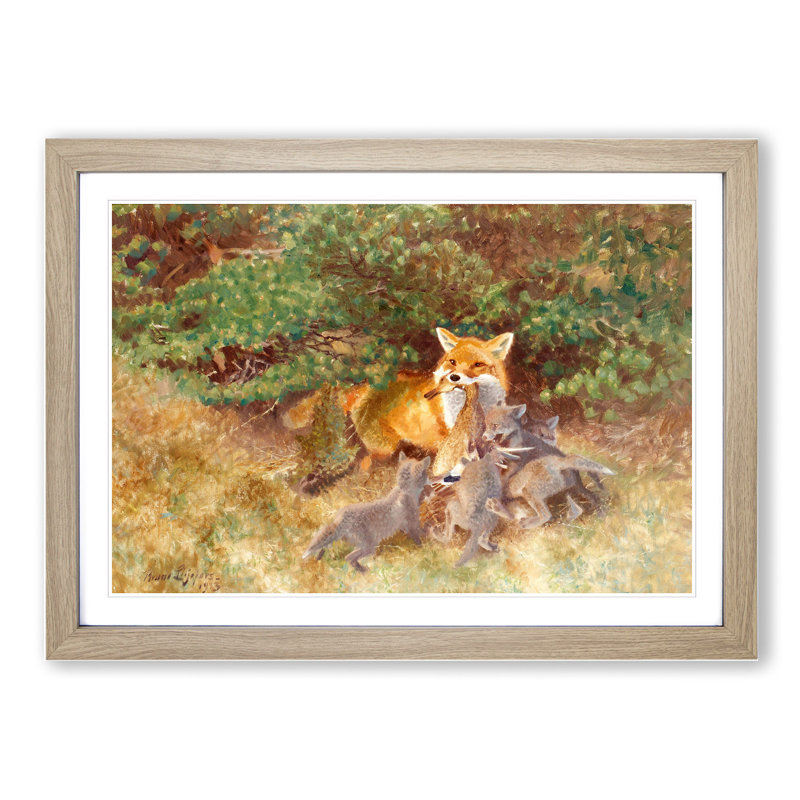 Fox and Cubs by Bruno Liljefors - Picture Frame Painting, 27cm H x 36cm W x 2cm D, Oak Framed