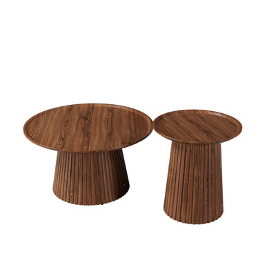 Round Coffee Table Set of 2 with Tiered Design, Solid Pedestal Base, and Warm Walnut Finish for Flexible Living Room and Office Use.