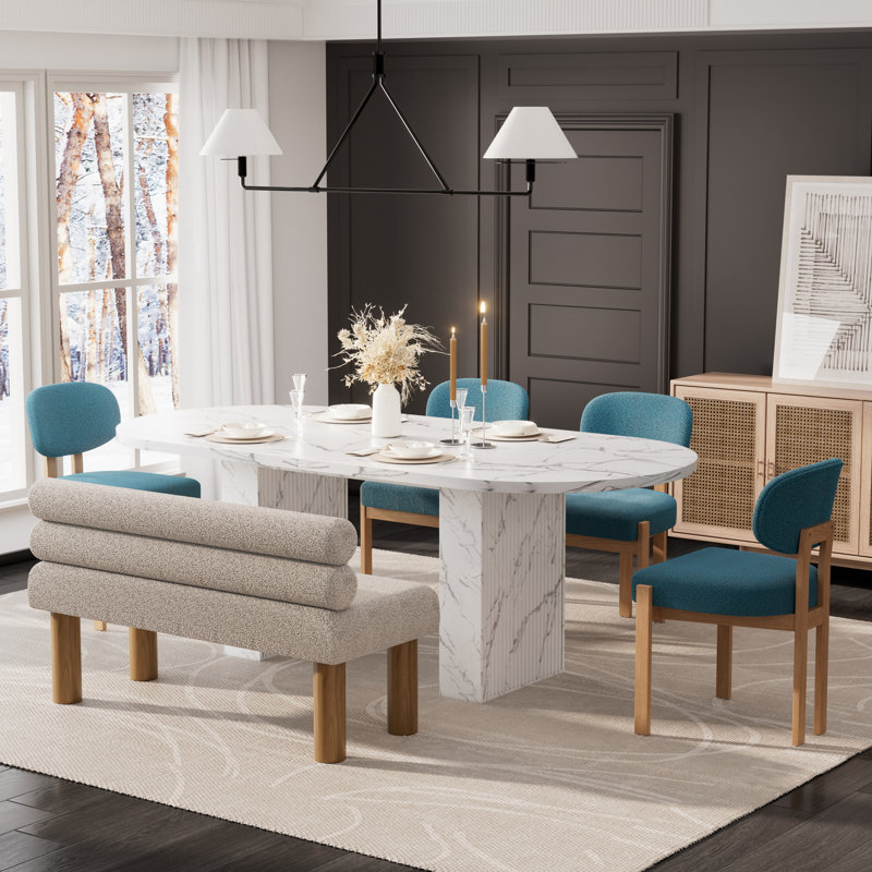 Ensemble de table de salle à manger Lavisha, 6 Pieces: Table, 4 Chairs, Bench, White, Beige