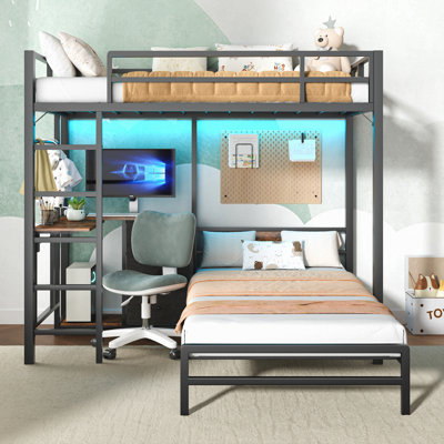 Bunk Bed With Folding Table, 3 Storage Drawers, Made Of Metal, Suitable For A Single Bed, Equipped With Led Lights And Charging Stations, Bunk Bed With Safety Railings And Ladder