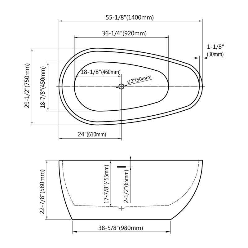 55.13'' x 29.5'' Freestanding Soaking Acrylic Bathtub