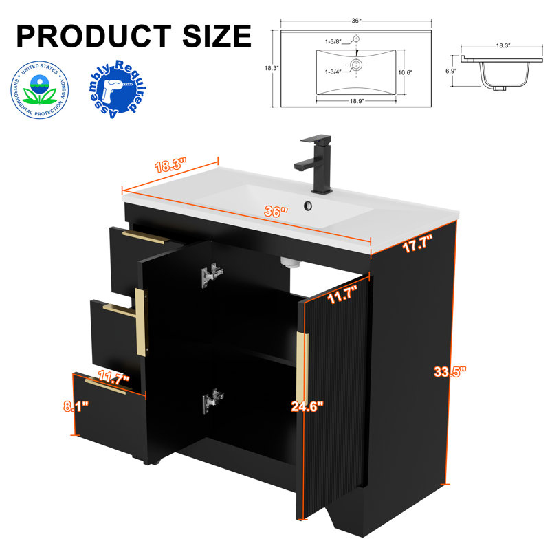 Ensemble de meuble-lavabo moderne simple 36 "avec comptoir en résine Skeen, robinet, assemblage requis, Noir, 36"