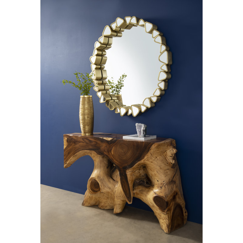43" Contemporary Pebble Gold Round Wood Accent Mirror