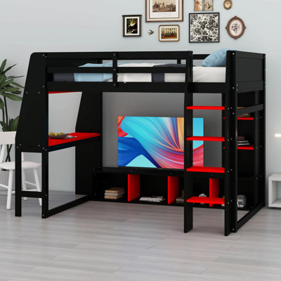 Lit mezzanine double en bois avec bureau, étagères à rangement multiples, lumières DEL et portemanteau suspendu