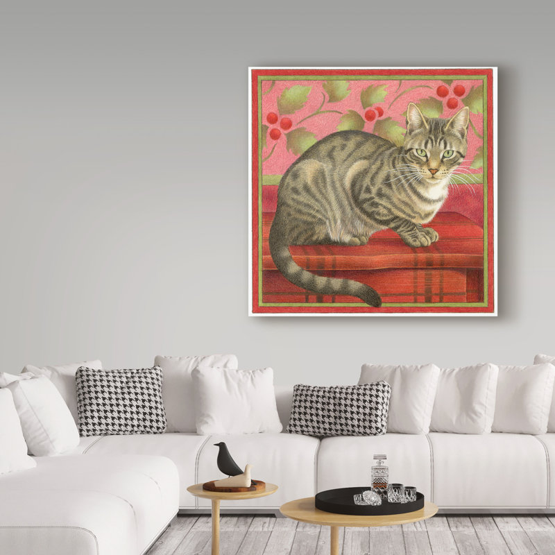 «Grey Cat on Red», reproduction de peinture acrylique sur toile tendue Furtado, H 14 po x l 14 po x P 2 po