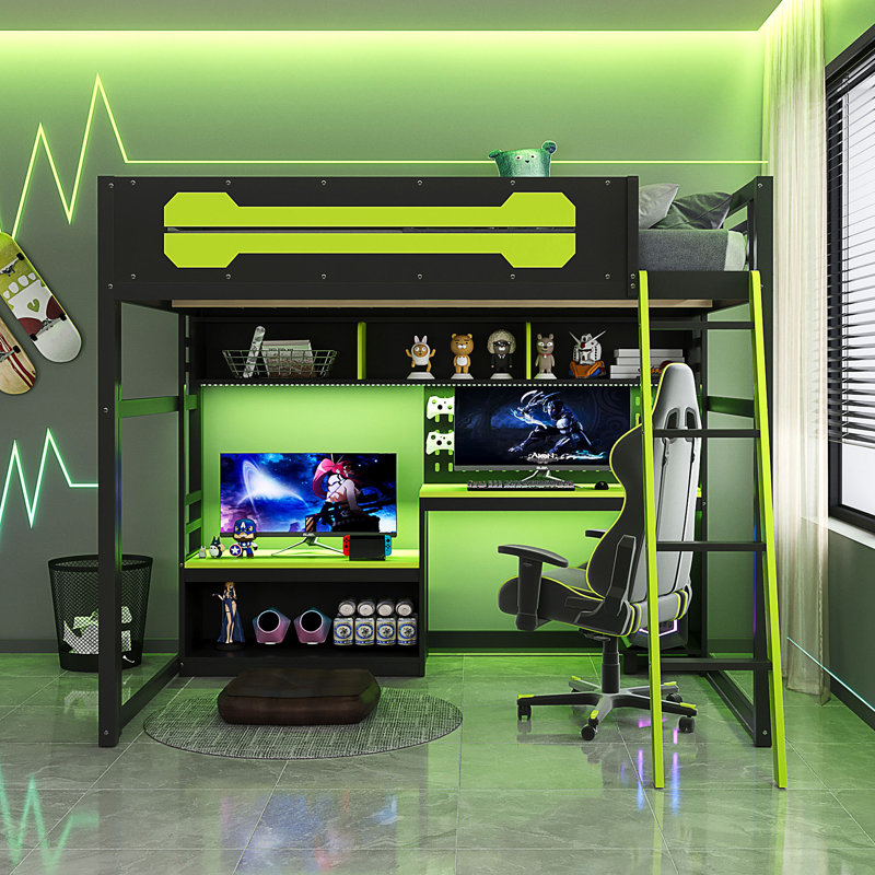 Lit mezzanine en bois avec bureau, Noir/vert