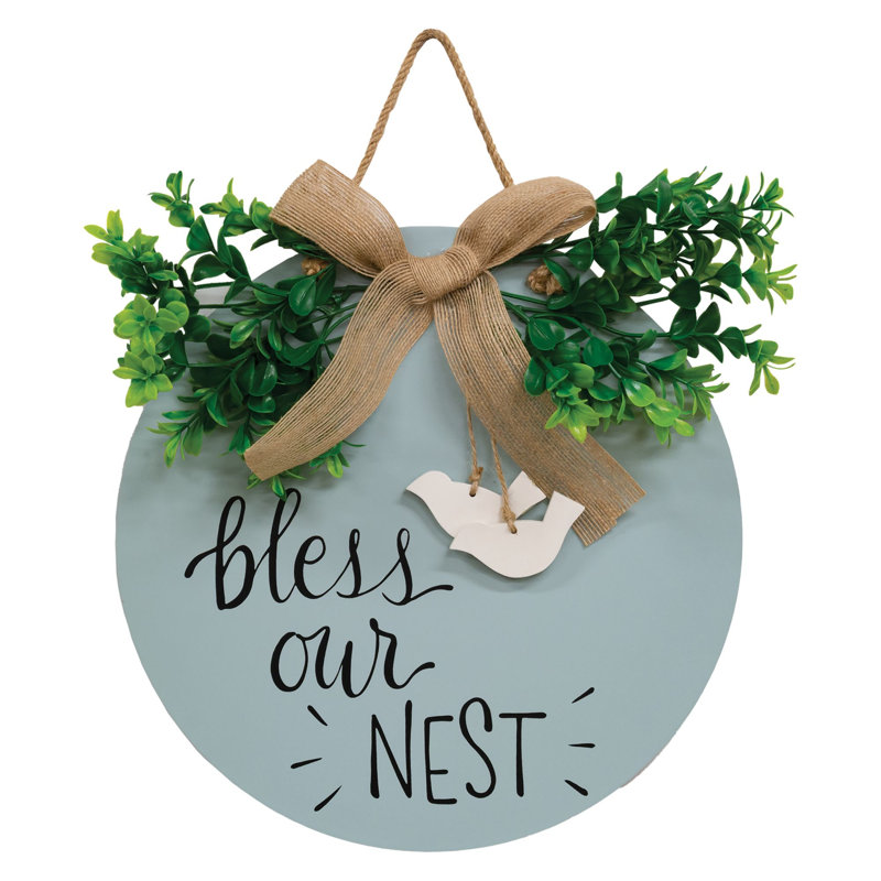 Enseigne ronde Bless Our Nest avec verdure et nœud en toile de jute