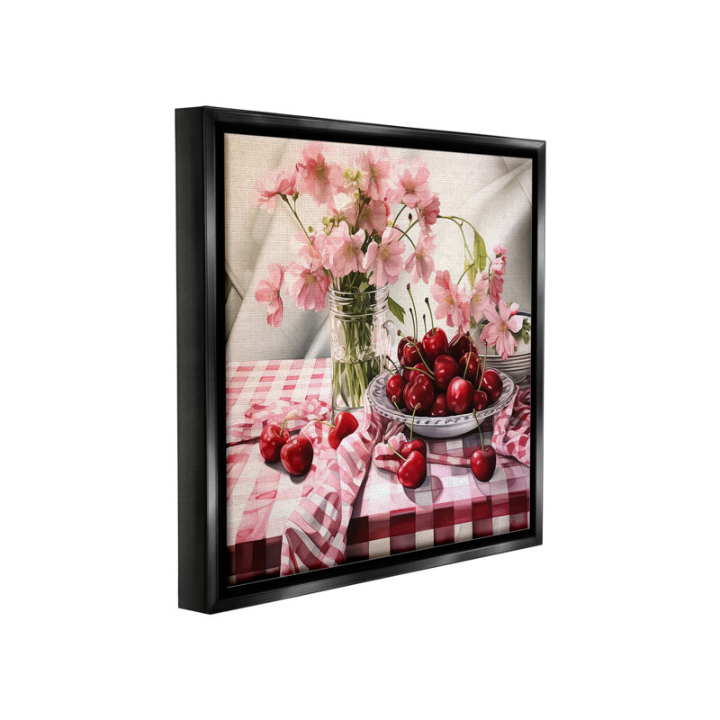 "Summer Cherries And Florals" par RB sur toile, H 25 po x l 25 po, Cadre flottant noir de jais