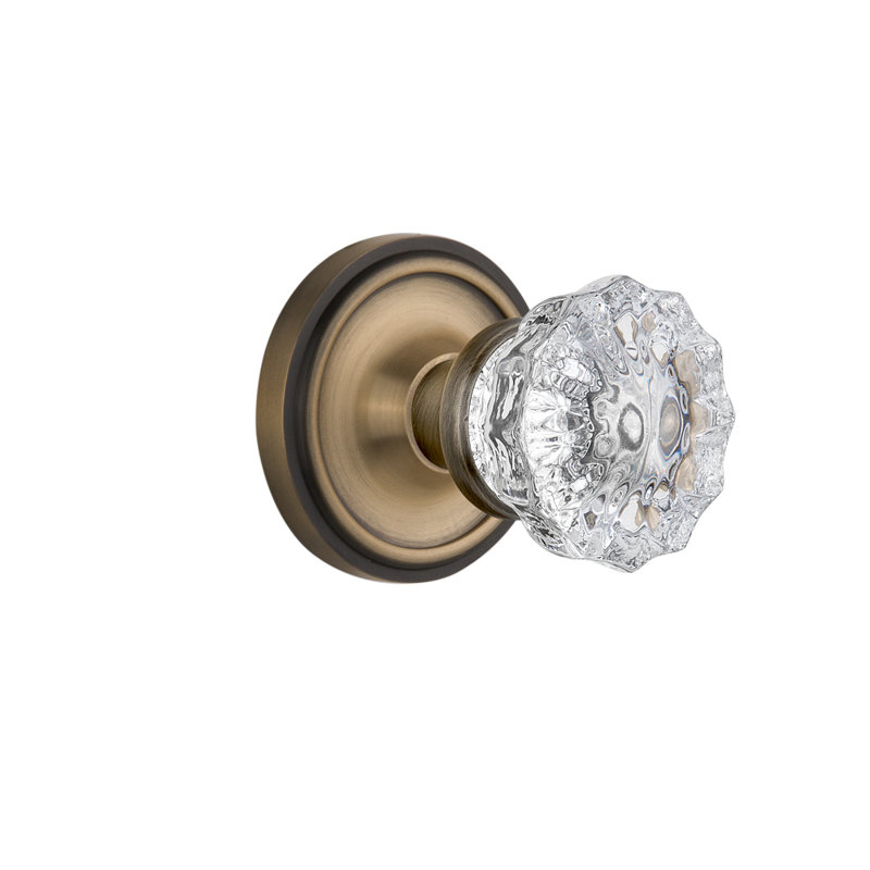 Classic Rosette with Crystal Door Knob, Antique Brass, 2.375"