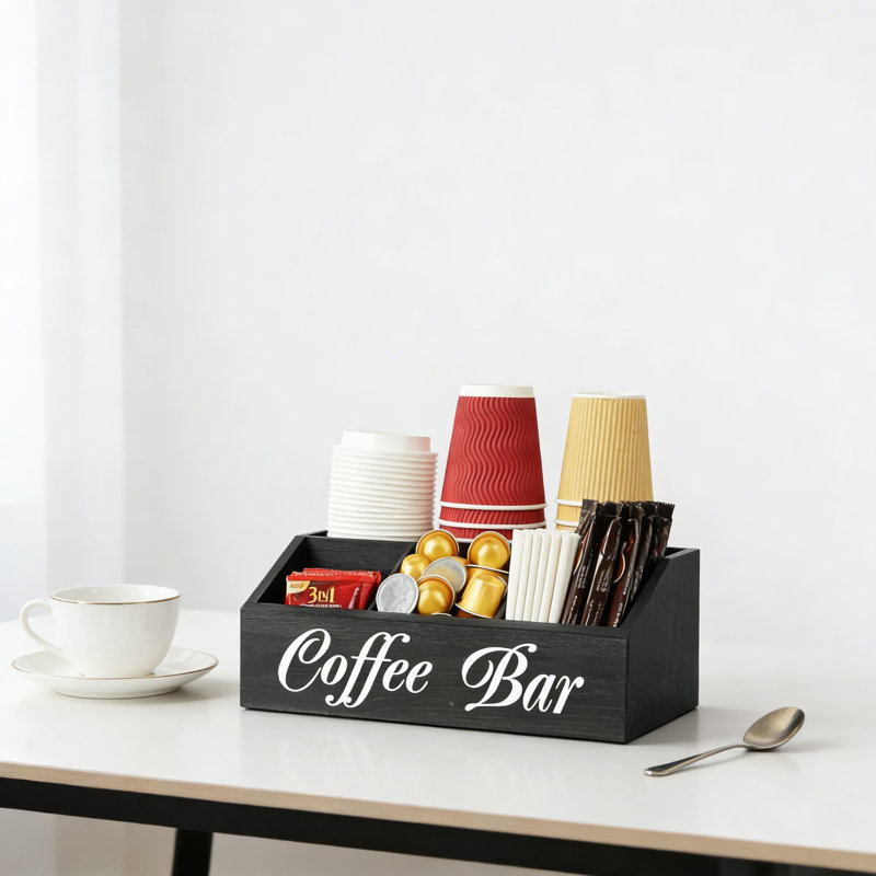 Organisateur de bar à café avec 5 compartiments, support de rangement de comptoir en bois massif pour dosettes de café, tasses, couvercles, sirops et accessoires de thé, organisateur de cuisine et de bureau