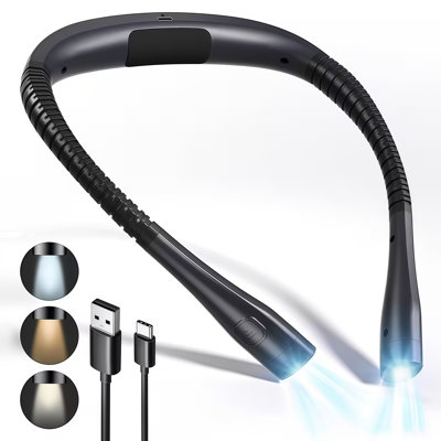 Rechargeable LED Neck Reading Light, 3 Color Temperature Dimmable Hands Free Book Light, Double Flexible Gooseneck Arms, USB-C Charging Wearable Neck