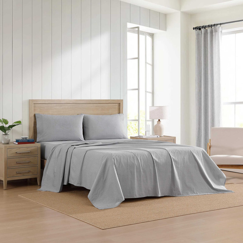 Tommy Hilfiger Printed Percale Cotton Sheet Set, Twin XL Sheet Set with 1 Pillowcase, Highland Ticking Stripe Navy