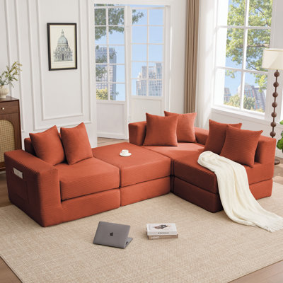 Canapé modulaire convertible 10-en-1, canapé d'angle, canapé-lit convertible au sol, velours côtelé, poche latérale, sans assemblage, bricolage, canapé modulaire en forme de L, 6 coussins, orange
