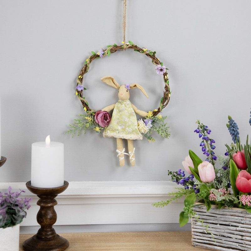 Girl Bunny Artificial Floral Easter Wreath - 10"