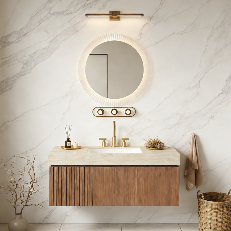 Meuble-lavabo flottant avec espace de rangement multifonctionnel et 3 trous de robinet pré-percés, Chêne brun