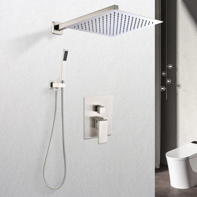 12" Rain Shower Head - Wall Mounted, Brushed Nickel, Brass, Self-Cleaning Nozzle For Uninterrupted And Consistent Water Supply, American Standard Pipe Mounted To Smooth Discharge, Fitting