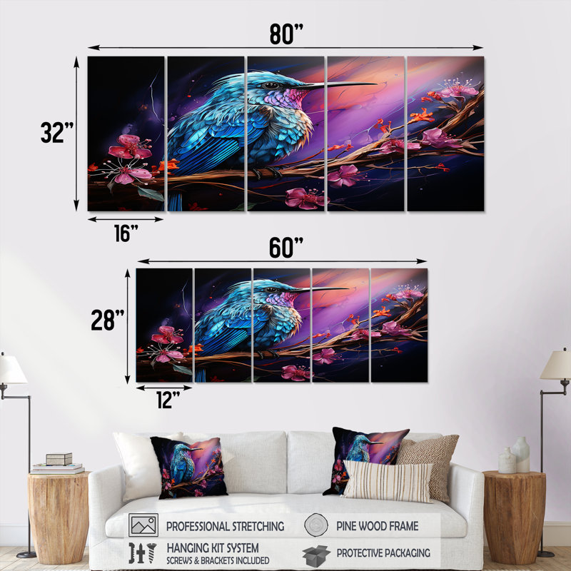 Colibri bleu floral Twilight Wonder - Colibri 5 pièces, décoration murale, H 28 po x l 60 po