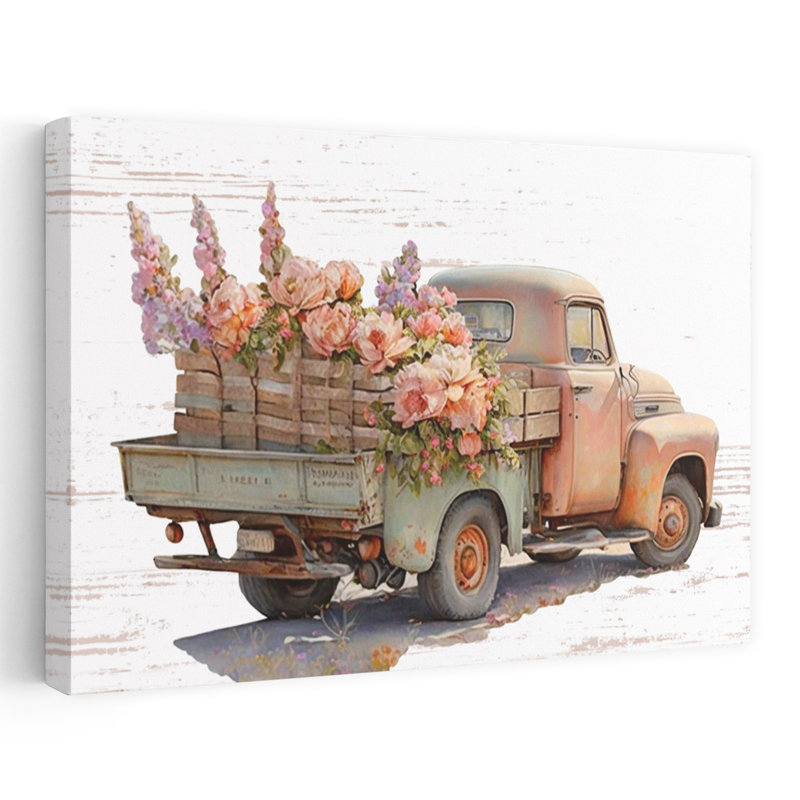 Art rétro de camion de fleurs rétro V, H 24 po x l 36 po