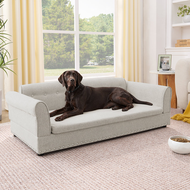 Canapé surdimensionné pour animal de compagnie, élégant canapé-lit surélevé en tissu de lin moderne, lit pour animal de compagnie rectangulaire surdimensionné confortable avec dossier et accoudoirs pour grands chiens surdimensionnés - beige
