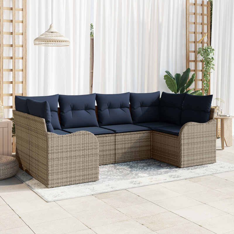 Ensemble de canapé vidaXL avec coussin 6 pièces synthétique gris: rotin de polyester, Structure grise / coussin bleu marine