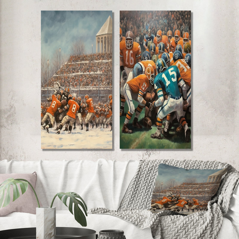 «Orange Clash I» - ensemble de 2 décorations murales de football orange, H 28 po x l 25 po, Toile tendue