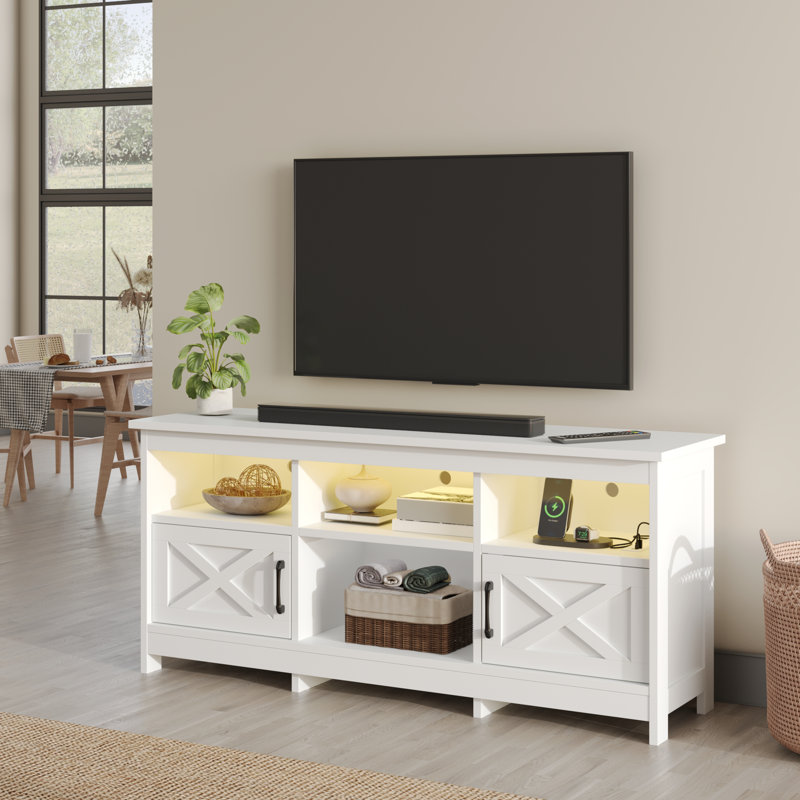 Meuble télé pour téléviseur avec lumières Ushna, H 25,5 po x l 59 po x P 15,7 po, Blanc