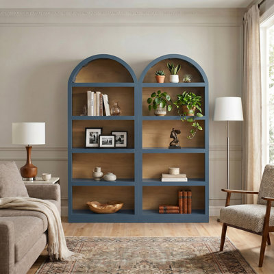 Farmhouse Set of 2 Accent Cabinets Fits Living Room Bedroom Office Use with Fabric Arched Top, Two-Tone Finish, Open Storage Shelves & Anti-Tip Hardware