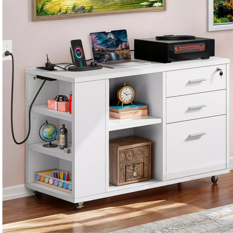 Ardeha 39" W 3-Tiers Wood Storage File Cabinet with 3 Drawers &3 Side Storage Shelve &Built-In Outlet, White