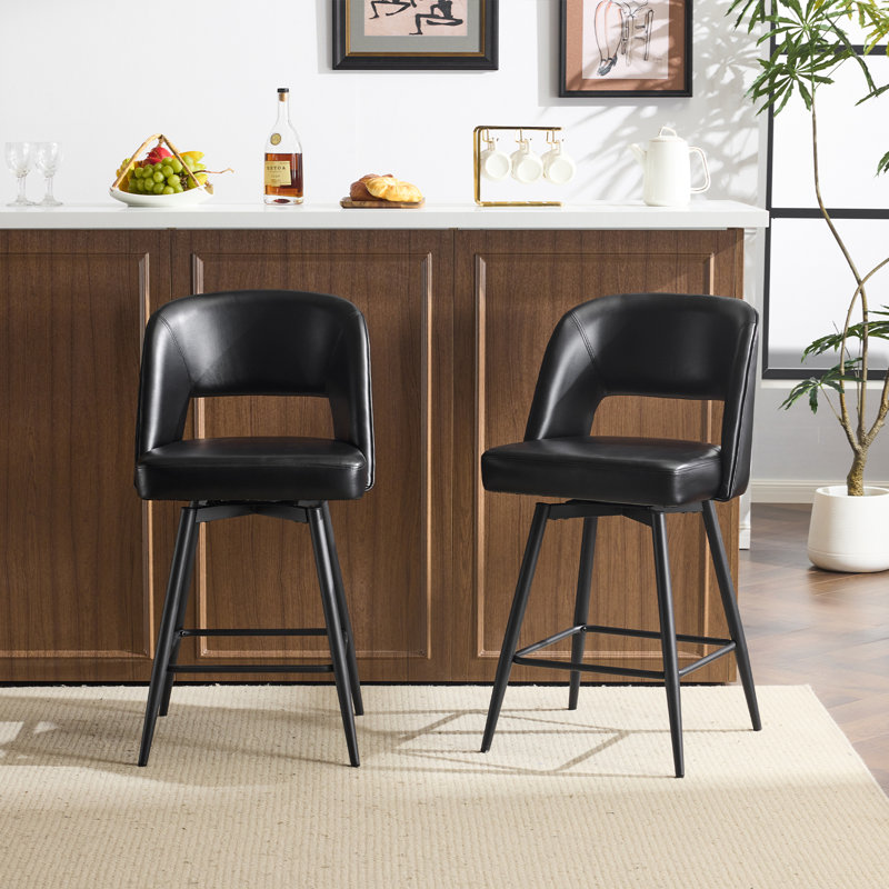 Set Of 2 PU Leather Bar Stools With Hollow Backrest, Iron Legs, Swivel, Black