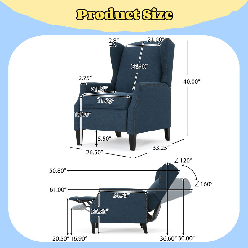 Elegant Wingback Recliner Chair, Extra Padded Cushion and Soft Fabric for Cozy Living Spaces, Navy