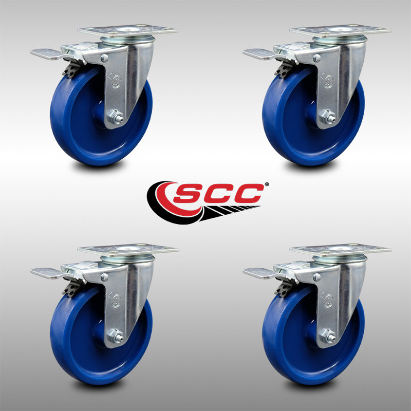5 Inch SS Solid Polyurethane Top Plate Caster Set Total Lock Brake SCC