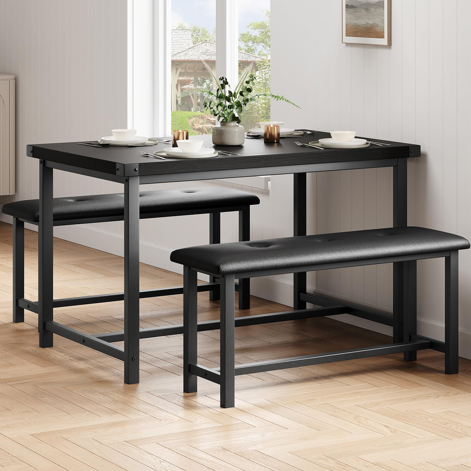 17 Stories Dining Table Set For 4, Kitchen Table With Upholstered Benches, Rectangular Room ...
