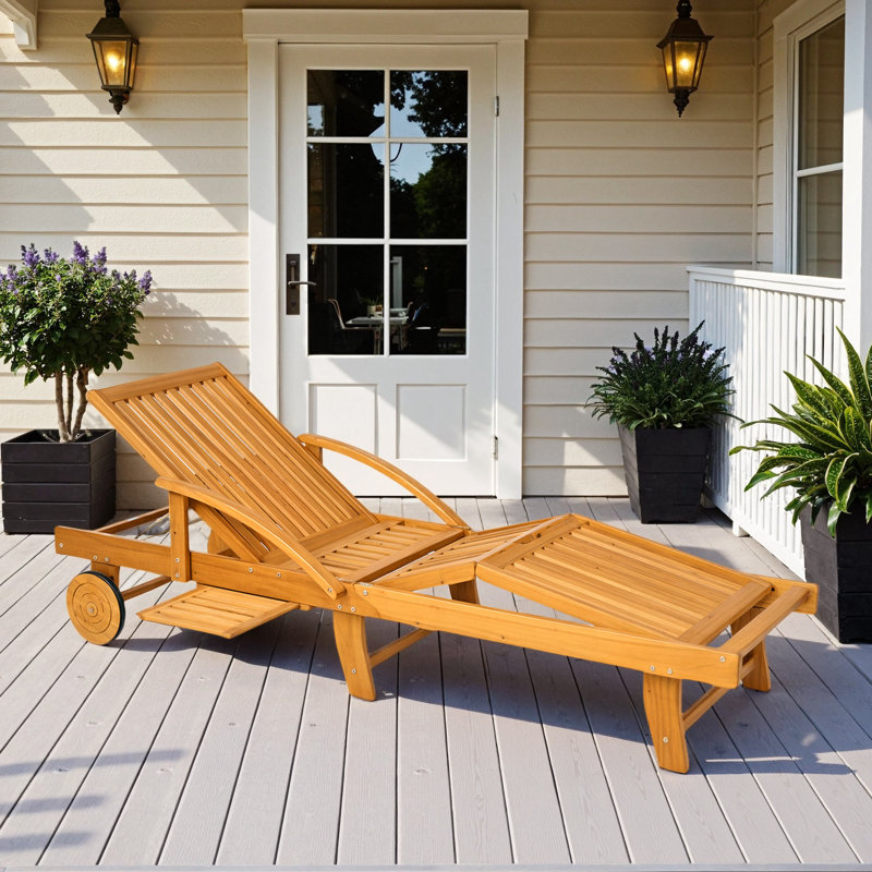 Folding Lounge Chair, 4-Level Adjustable Tanning Chair with Wheels, Full Flat Patio Lounger with Extendable Table, Acacia Wood Outdoor Chaise for Patio Beach, Teak